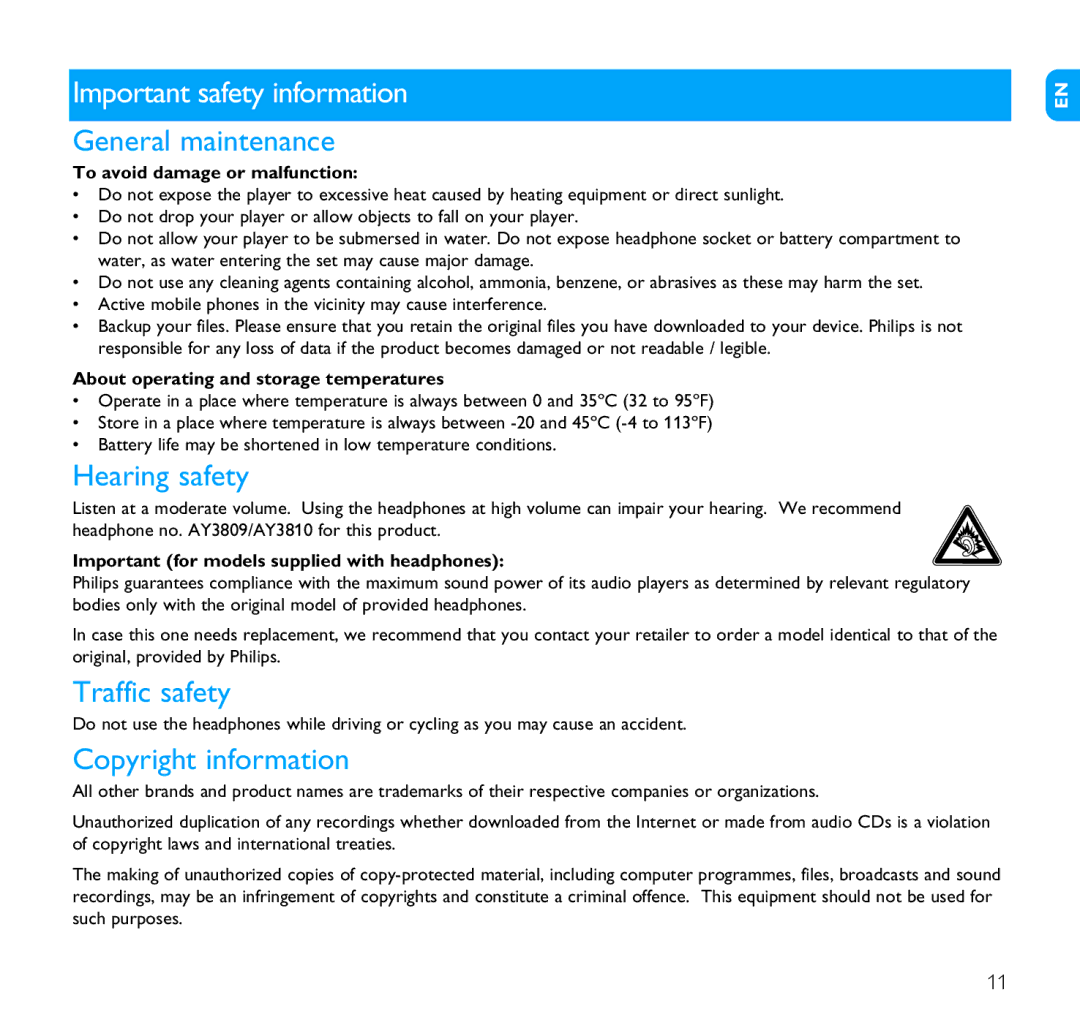 Philips SA1110 Important safety information, General maintenance, Hearing safety, Traffic safety, Copyright information 