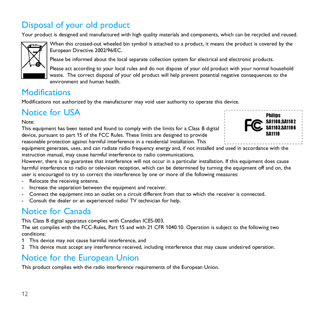 Philips SA1103, SA1106, SA1102, SA1110 user manual Disposal of your old product, Modifications 