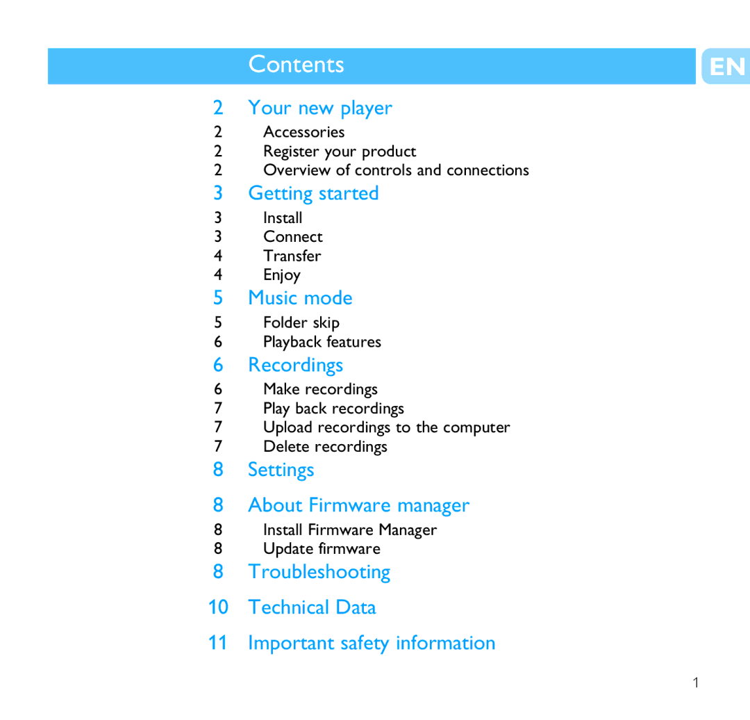 Philips SA1106, SA1102, SA1110, SA1103 user manual Contents 