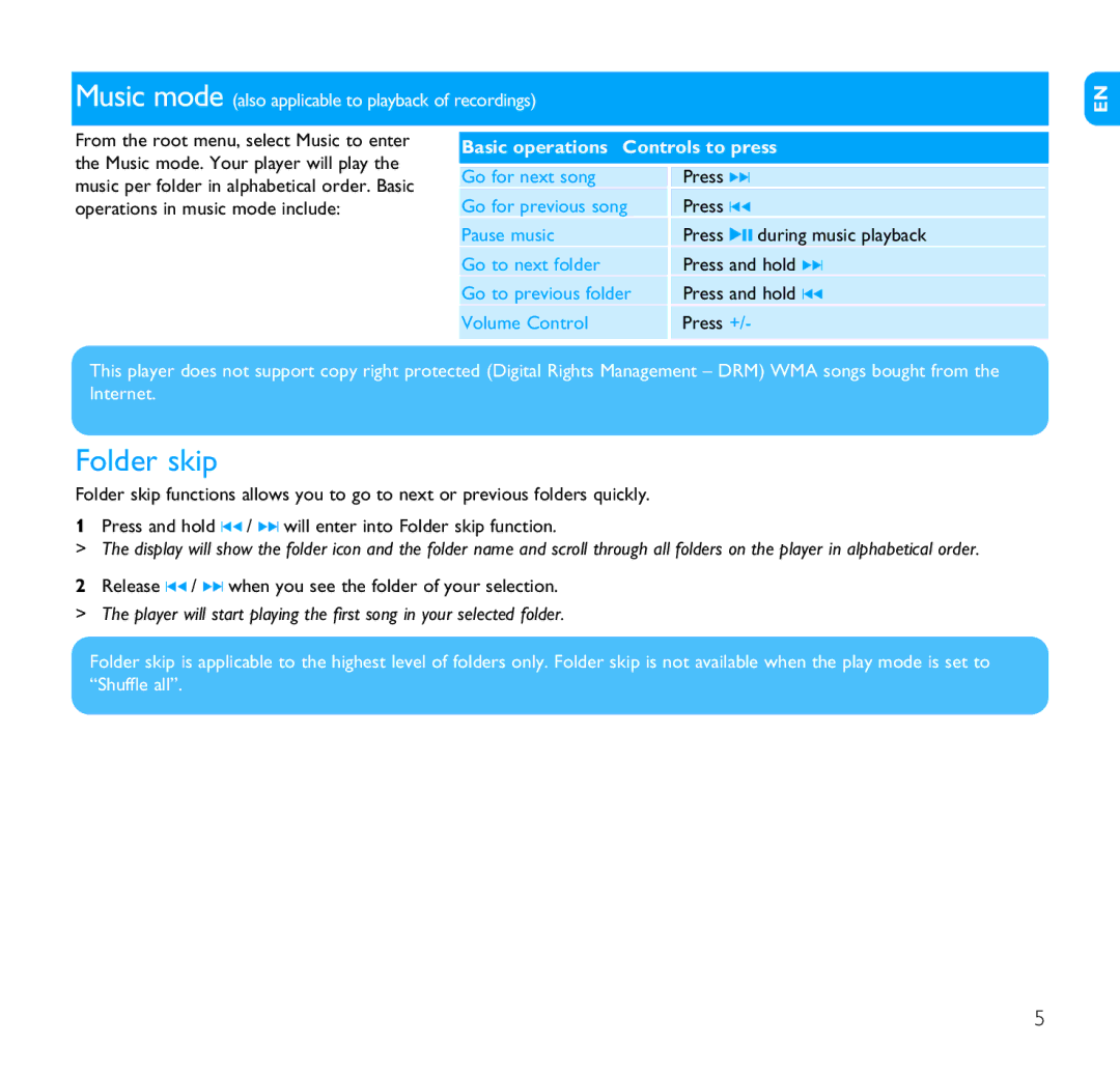 Philips SA1106, SA1102, SA1110, SA1103 user manual Folder skip, Basic operations Controls to press 