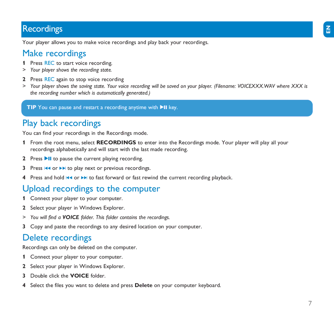 Philips SA1115 Recordings, Make recordings, Play back recordings, Upload recordings to the computer, Delete recordings 