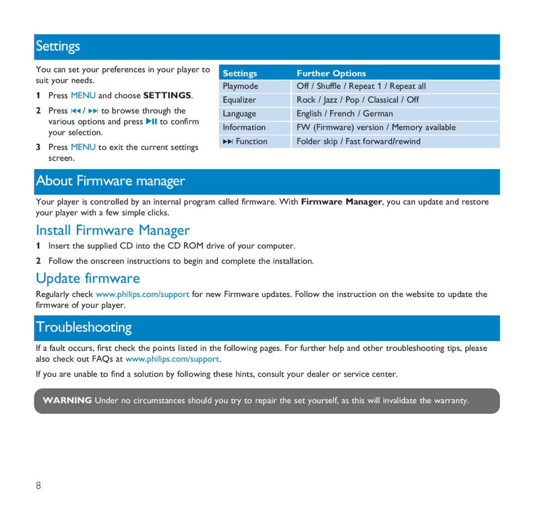 Philips SA1105, SA1106, SA1102 Settings, About Firmware manager, Install Firmware Manager, Update firmware, Troubleshooting 