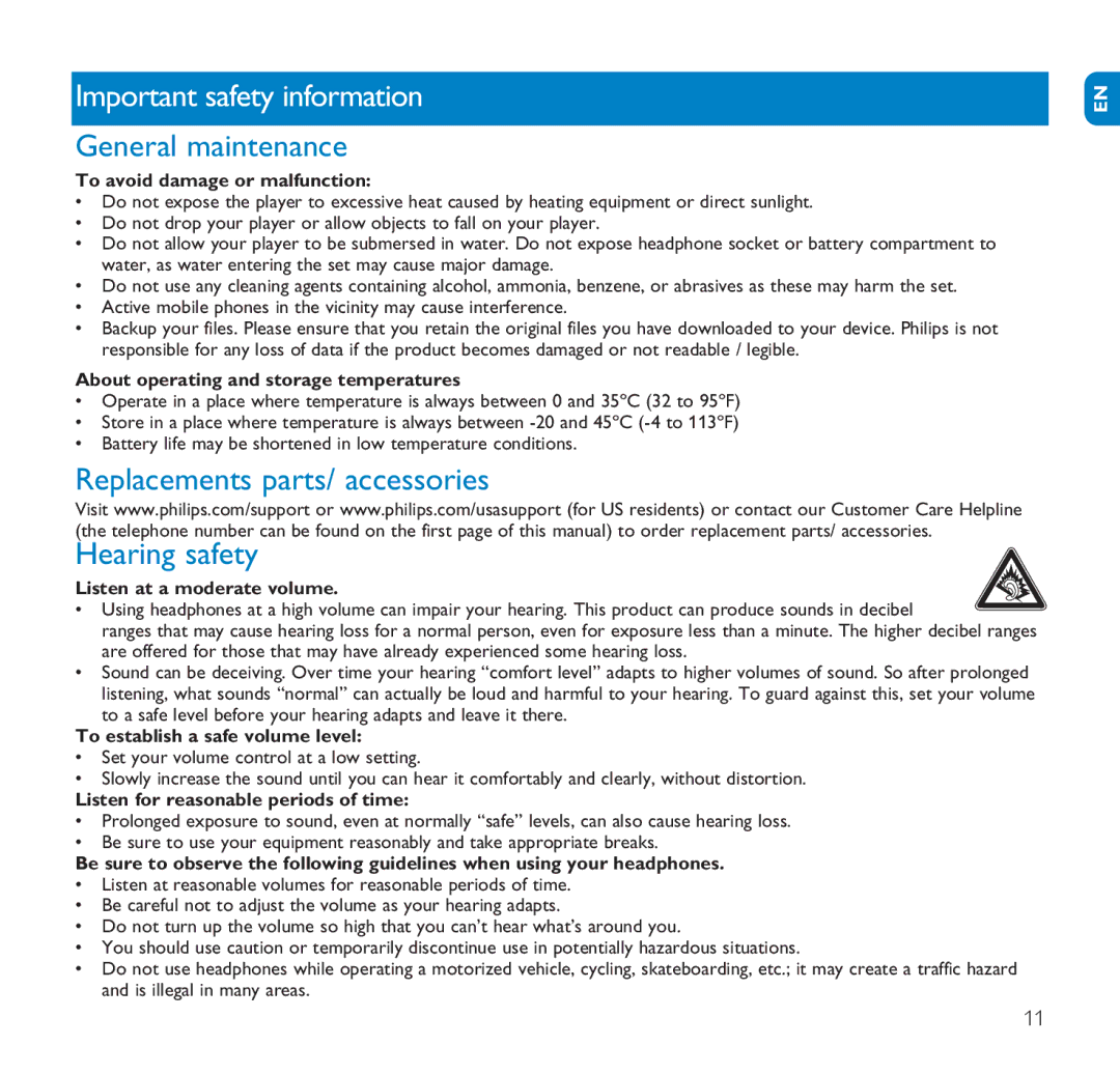 Philips SA1110, SA1106 Important safety information, General maintenance, Replacements parts/ accessories Hearing safety 