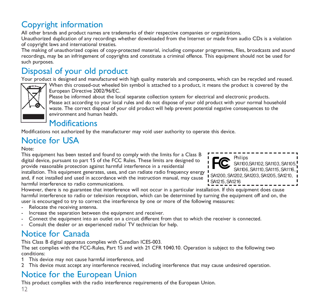 Philips SA1116, SA1106, SA1102, SA1110, SA1115, SA1105 Copyright information, Disposal of your old product, Modifications 