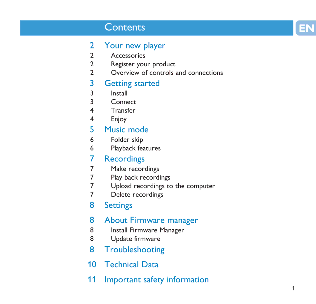 Philips SA1115, SA1106, SA1102, SA1110, SA1116, SA1105 user manual Contents 