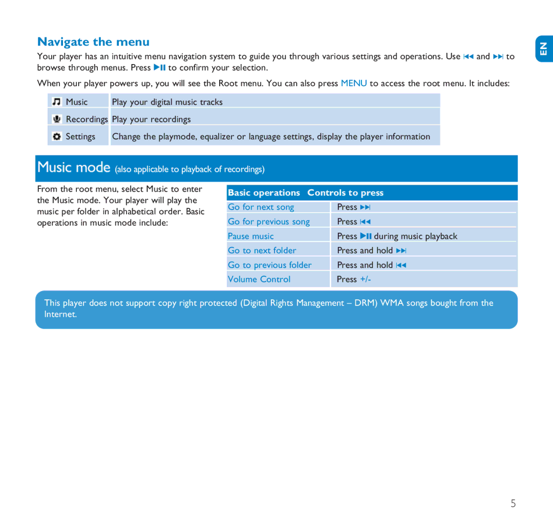 Philips SA1110, SA1106, SA1102, SA1116, SA1115, SA1105 user manual Navigate the menu, Basic operations Controls to press 