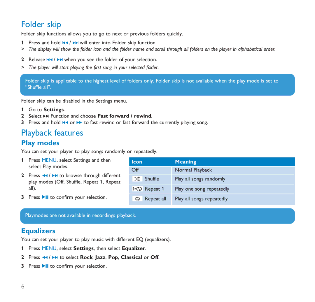 Philips SA1116, SA1106, SA1102, SA1110, SA1115, SA1105 Folder skip, Playback features, Play modes, Equalizers, Icon Meaning 