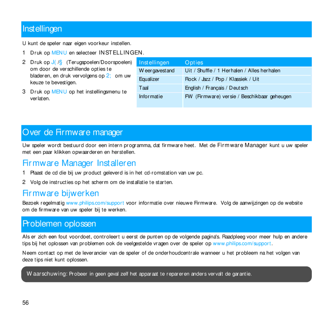 Philips SA1203, SA1215, SA1216 Instellingen, Over de Firmware manager, Firmware Manager Installeren, Firmware bijwerken 