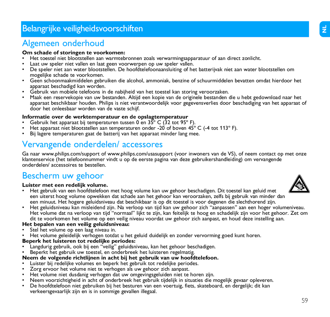 Philips SA1215, SA1216, SA1210, SA1202, SA1203, SA1205, SA1200 manual Belangrijke veiligheidsvoorschiften, Algemeen onderhoud 