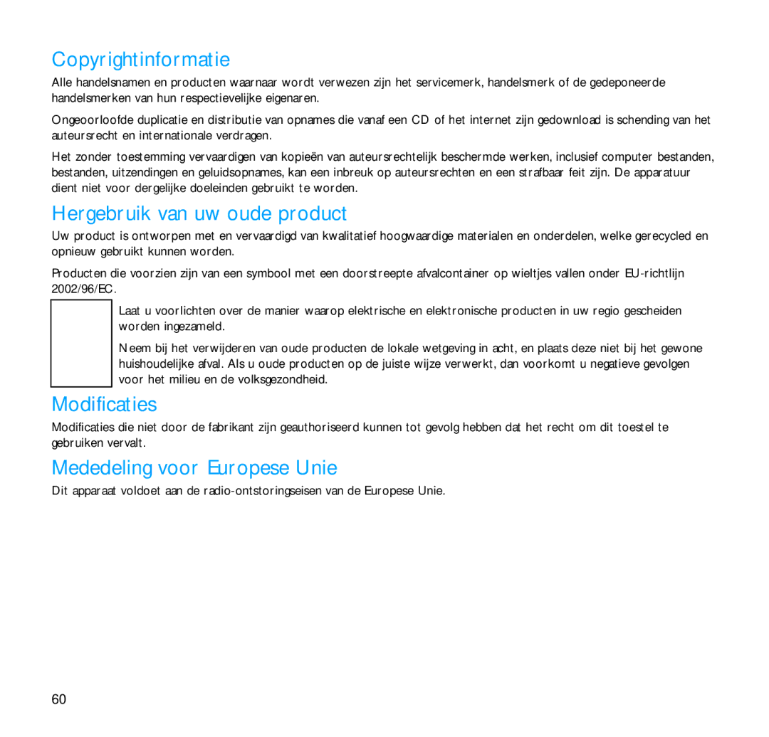 Philips SA1216, SA1215 Copyrightinformatie, Hergebruik van uw oude product, Modificaties, Mededeling voor Europese Unie 