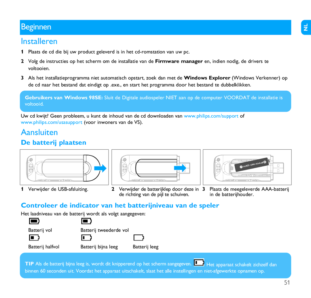 Philips SA1200, SA1215, SA1216, SA1210, SA1202, SA1203, SA1205 manual Beginnen, Installeren, Aansluiten, De batterij plaatsen 