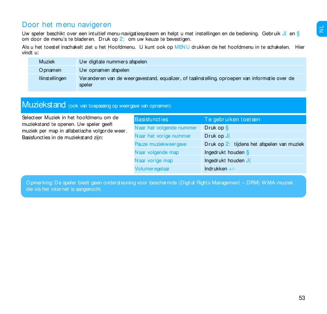 Philips SA1216, SA1215, SA1210, SA1202, SA1203, SA1205, SA1200 manual Door het menu navigeren, Basisfuncties Te gebruiken toetsen 