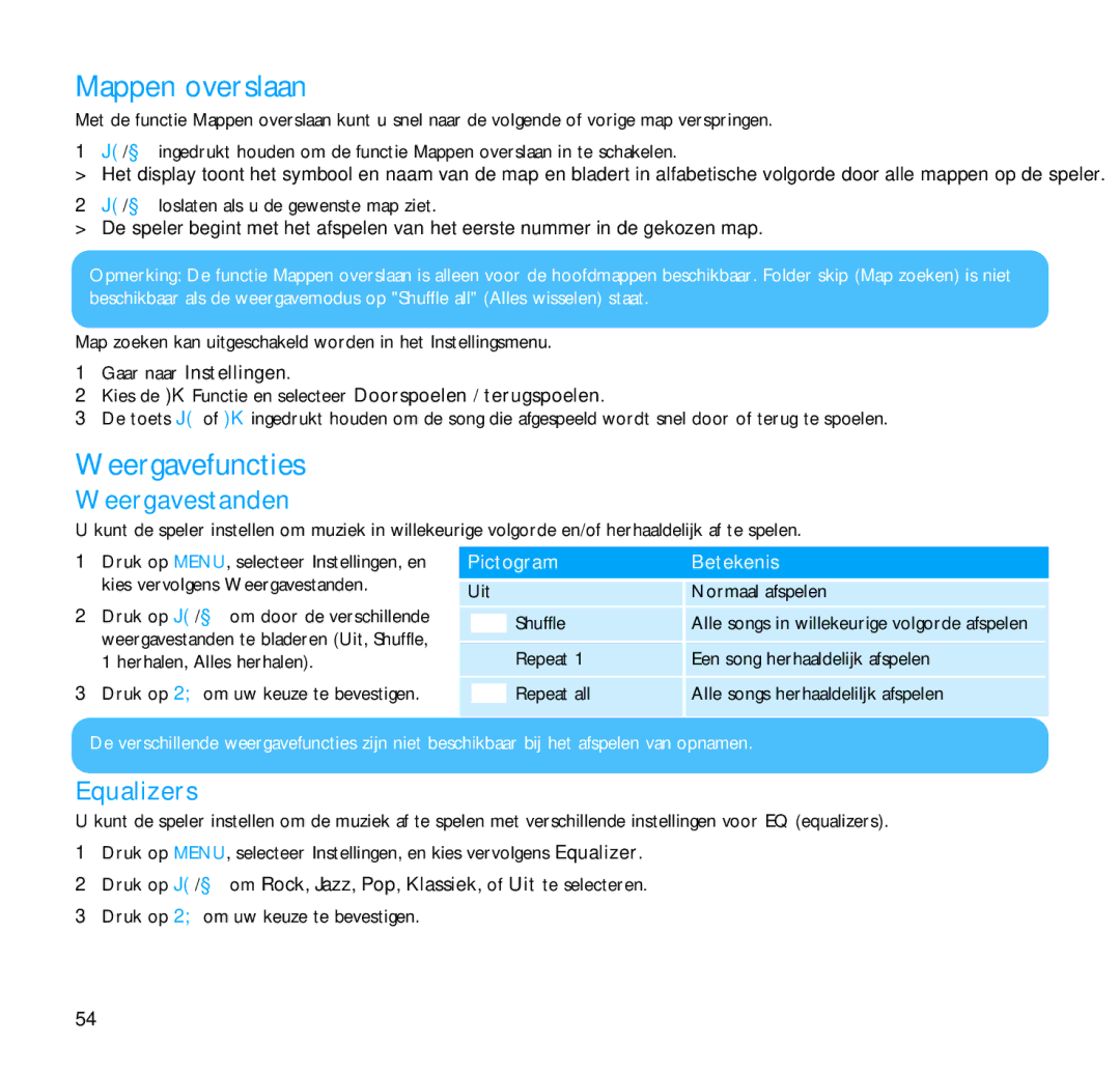 Philips SA1210, SA1215, SA1216, SA1202 Mappen overslaan, Weergavefuncties, Weergavestanden, Equalizers, Pictogram Betekenis 