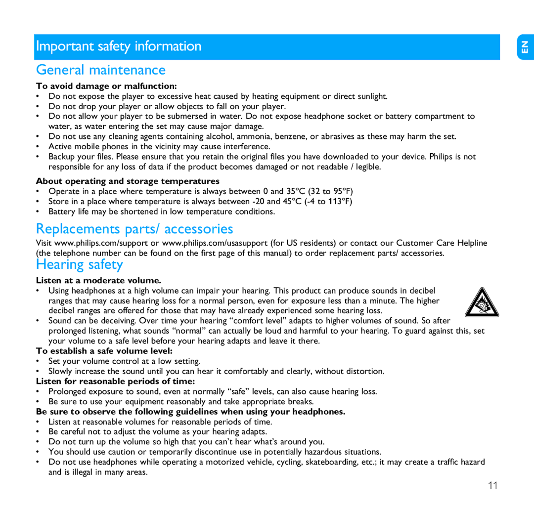 Philips 9230, SA1216 Important safety information, General maintenance, Replacements parts/ accessories Hearing safety 