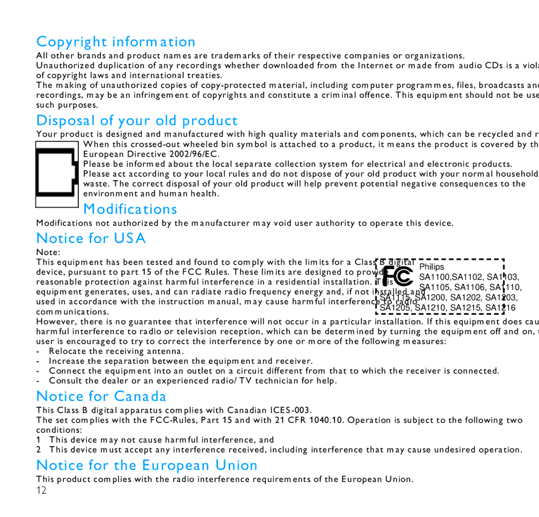 Philips SA1216, SA1203, SA1205, SA1200, 9230 user manual Copyright information, Disposal of your old product, Modifications 