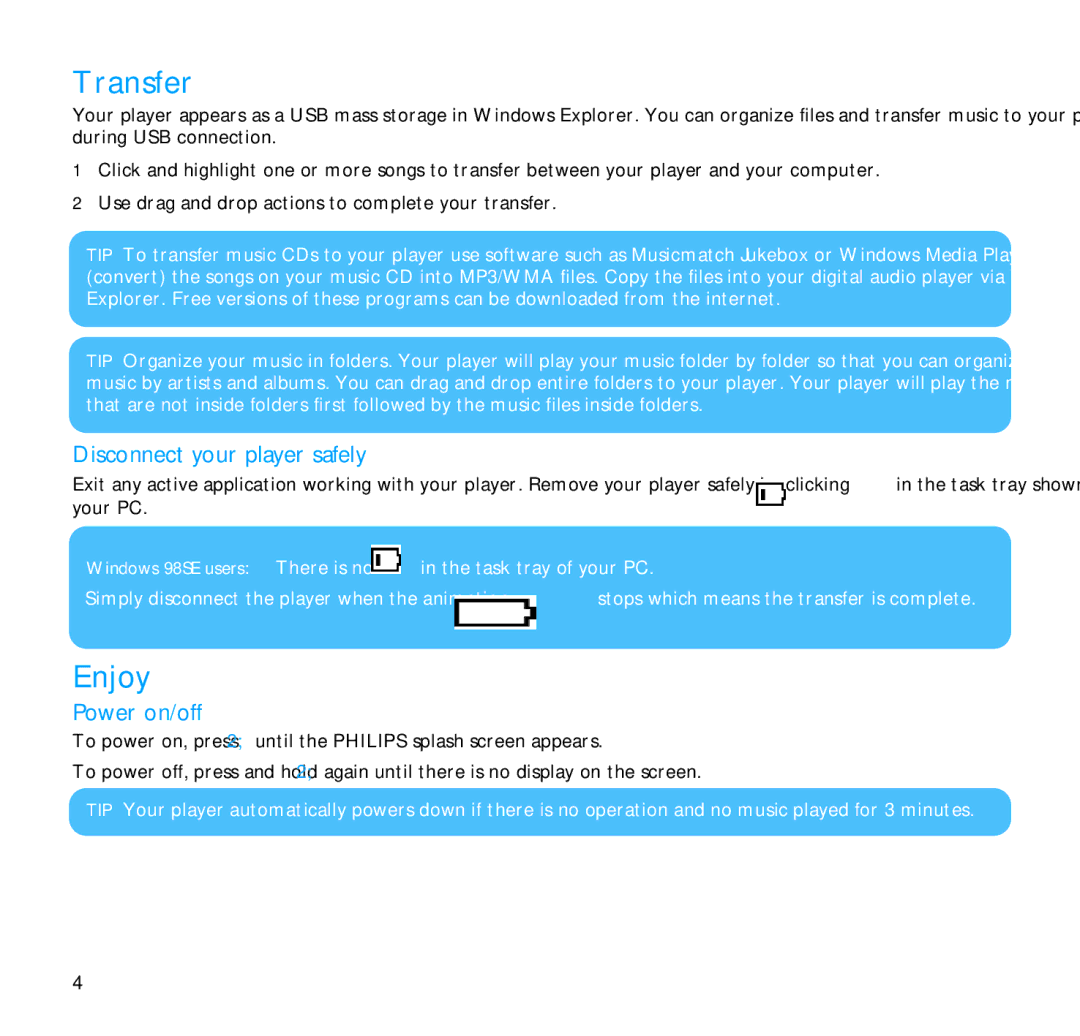 Philips SA1205, SA1216, SA1203, SA1200, 9230 user manual Transfer, Enjoy, Disconnect your player safely, Power on/off 