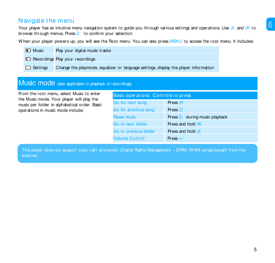 Philips SA1200, SA1216, SA1203, SA1205, 9230 user manual Navigate the menu, Basic operations Controls to press 