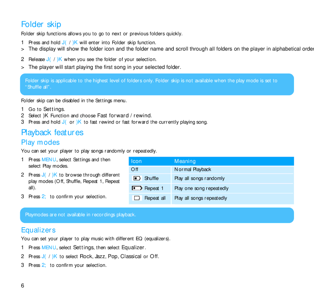 Philips 9230, SA1216, SA1203, SA1205, SA1200 user manual Folder skip, Playback features, Play modes, Equalizers, Icon Meaning 