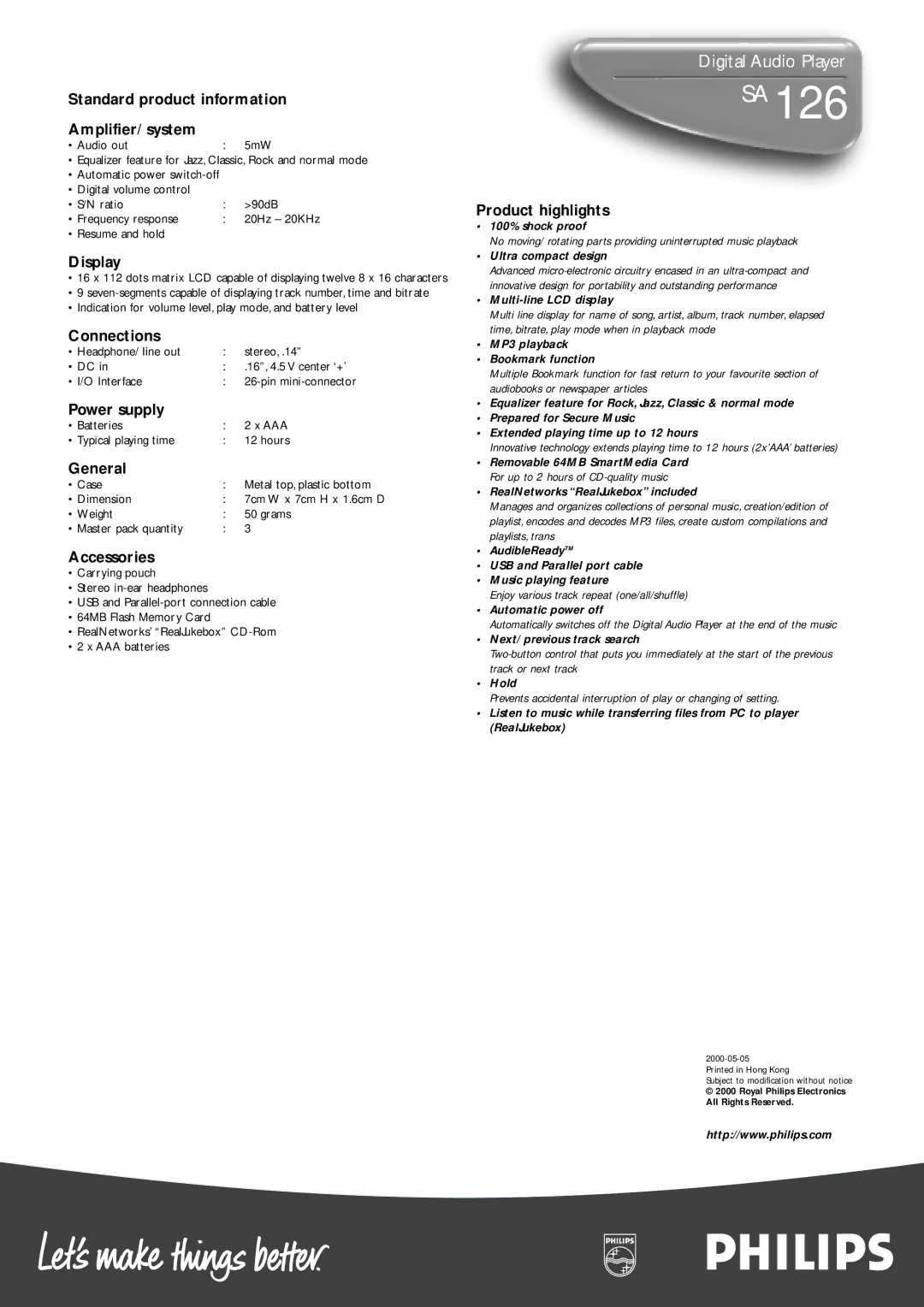 Philips SA126 Standard product information Amplifier/ system, Display, Connections, Power supply, General, Accessories 