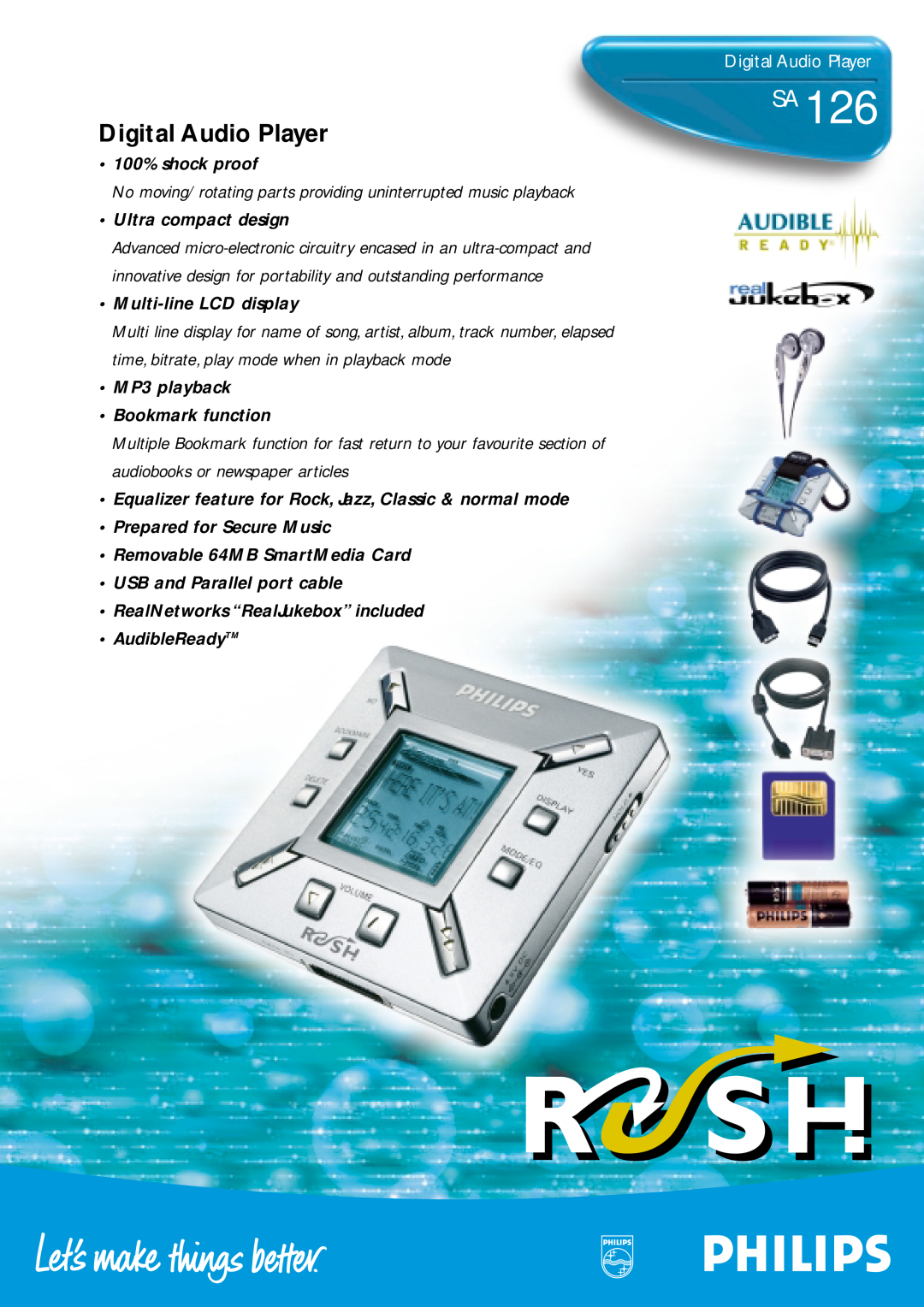 Philips SA126 manual Digital Audio Player, No moving/ rotating parts providing uninterrupted music playback 