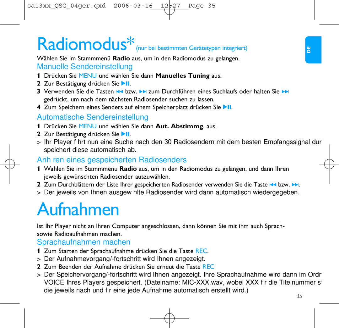 Philips SA1330, SA1300 manual Aufnahmen, Manuelle Sendereinstellung, Automatische Sendereinstellung, Sprachaufnahmen machen 