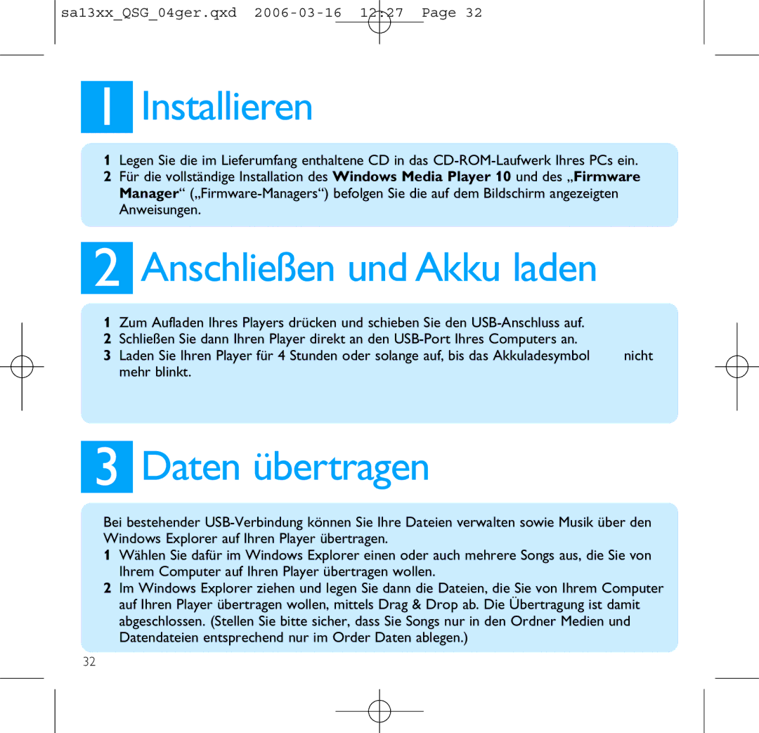 Philips SA1333, SA1330, SA1300, SA1335, SA1305 manual Installieren, Anschließen und Akku laden, Daten übertragen 