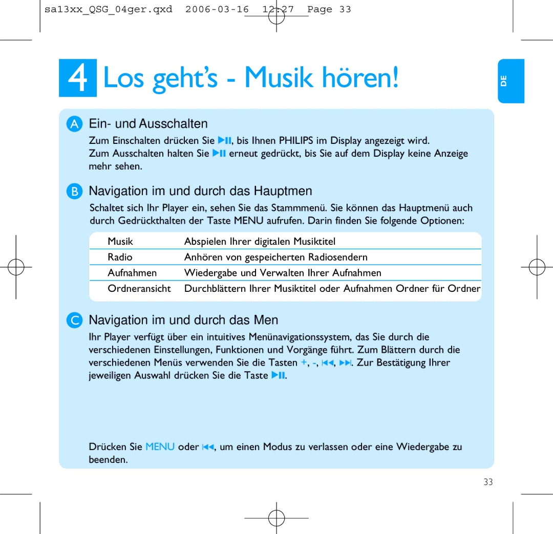 Philips SA1335, SA1330, SA1300, SA1333, SA1305 manual Los geht’s Musik hören, Ein- und Ausschalten 