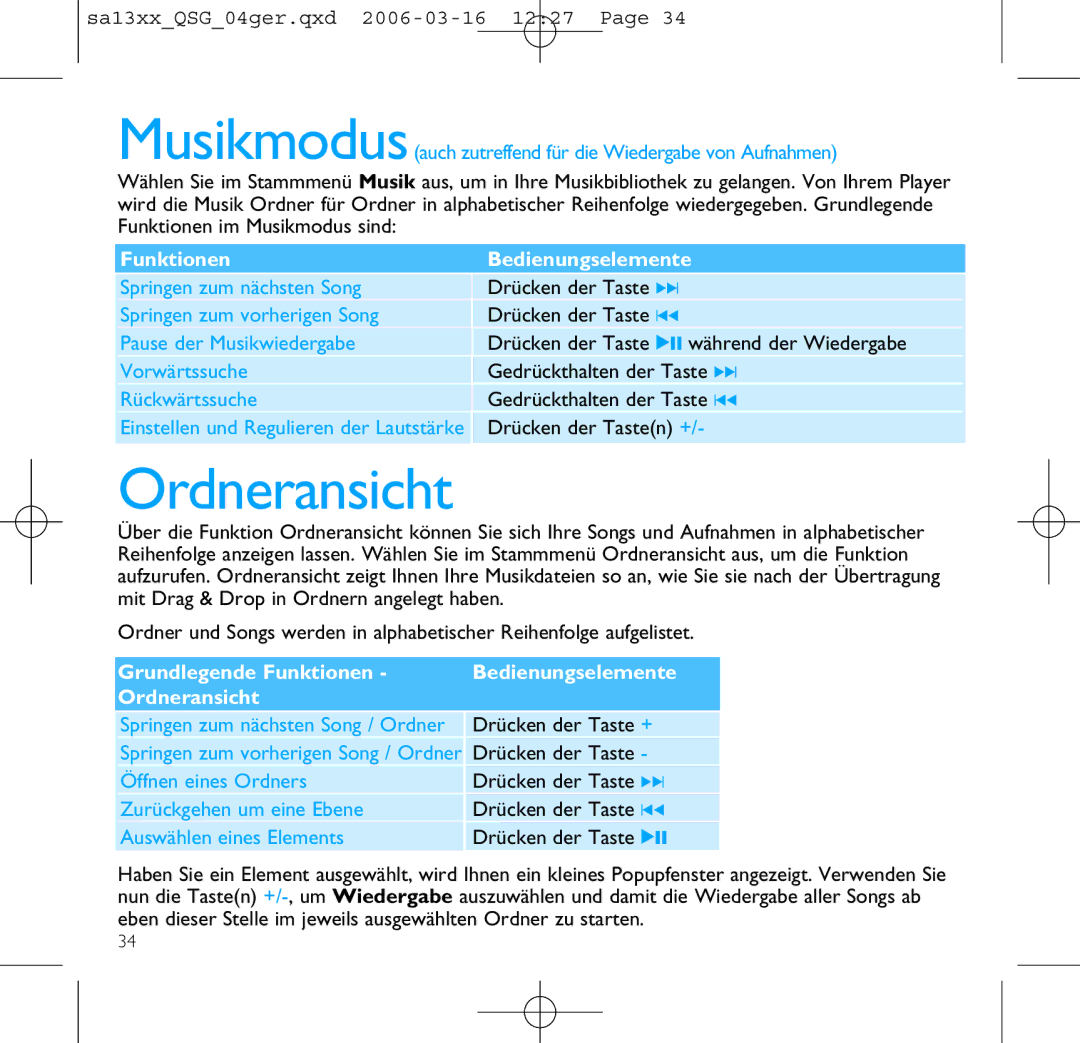 Philips SA1305, SA1330, SA1300, SA1333, SA1335 manual Ordneransicht, Musikmodusauch zutreffend für die Wiedergabe von Aufnahmen 