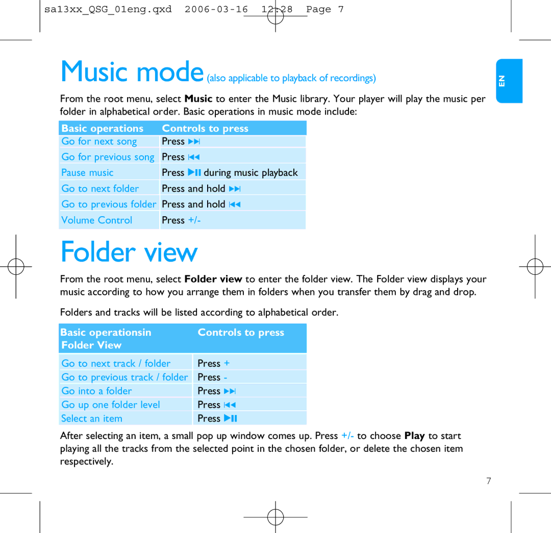 Philips SA1300, SA1330, SA1333, SA1335, SA1305 quick start Folder view, Music modealso applicable to playback of recordings 