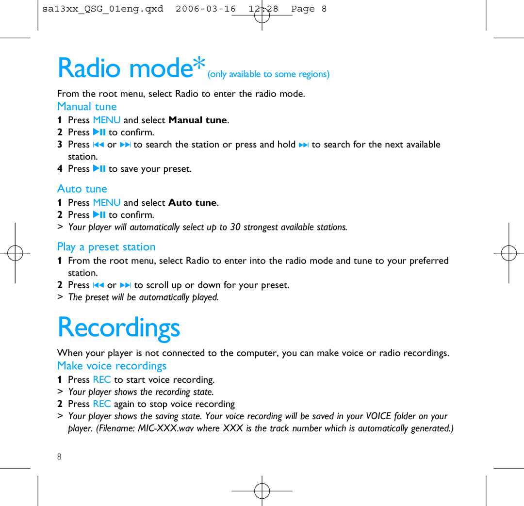 Philips SA1333, SA1330, SA1300, SA1335, SA1305 quick start Recordings, Manual tune 