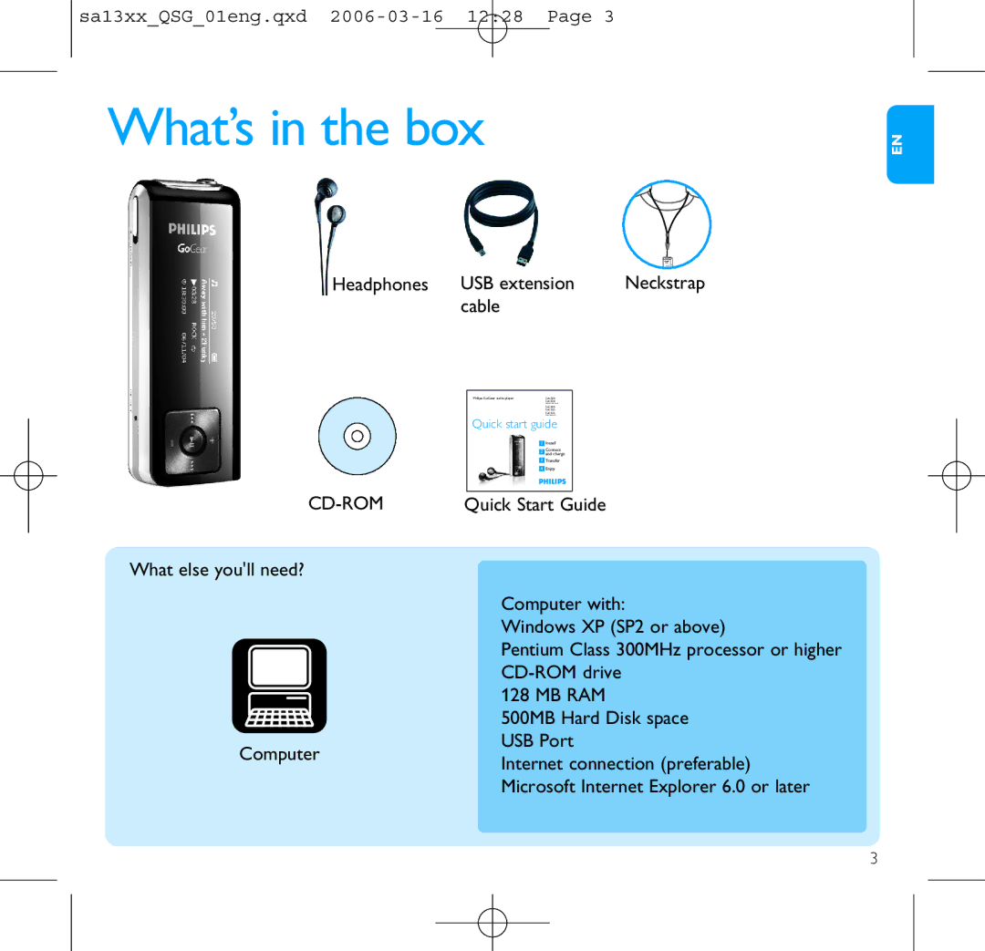 Philips SA1333, SA1330, SA1300, SA1335, SA1305 quick start What’s in the box, Cd-Rom 