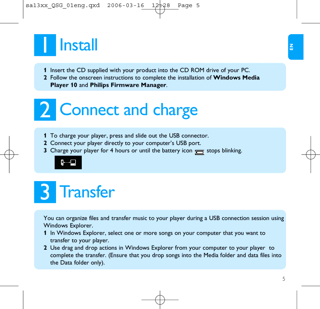 Philips SA1305, SA1330, SA1300, SA1333, SA1335 quick start Install, Connect and charge, Transfer 