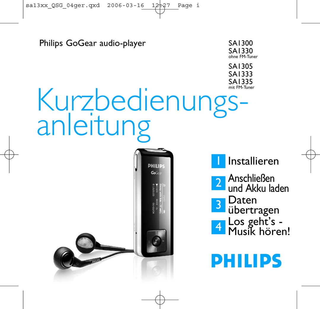 Philips SA1300 quick start Quick start guide, Install, Transfer 4 Enjoy, Connect and charge, Philips GoGear audio player 
