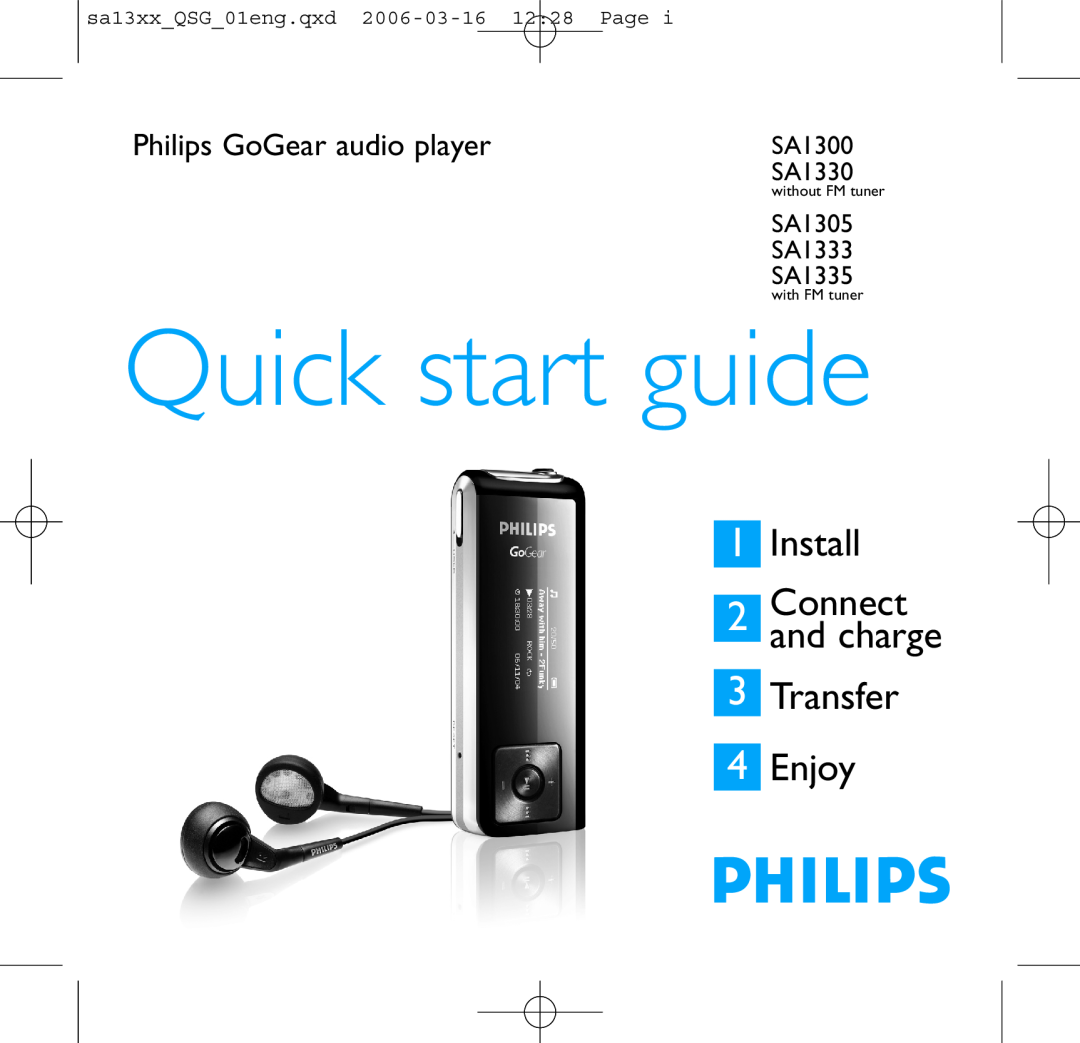 Philips SA1300 manual SA1330, SA1305 SA1333 SA1335, Kurzbedienungs- anleitung, Installieren, Philips GoGear audio-player 