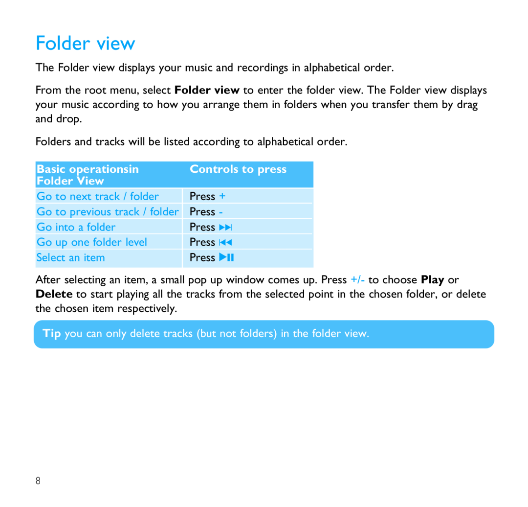 Philips SA1300, SA1330 Folder view, Basic operationsin, Controls to press, Folder View, Go to next track / folder, Press + 