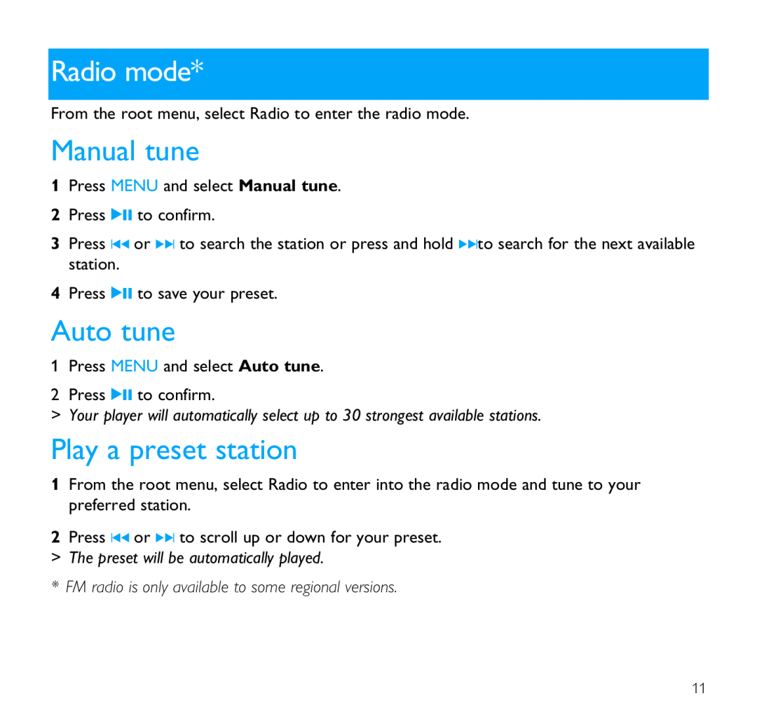 Philips SA1305, SA1330, SA1300, SA1333, SA1335 user manual Radio mode, Manual tune, Auto tune, Play a preset station 
