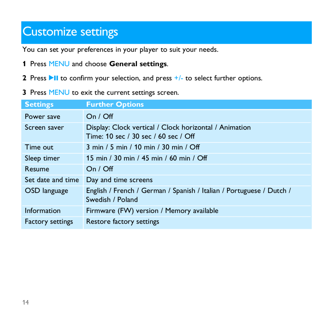 Philips SA1333, SA1330, SA1300, SA1335, SA1305 user manual Customize settings, Settings, Further Options 
