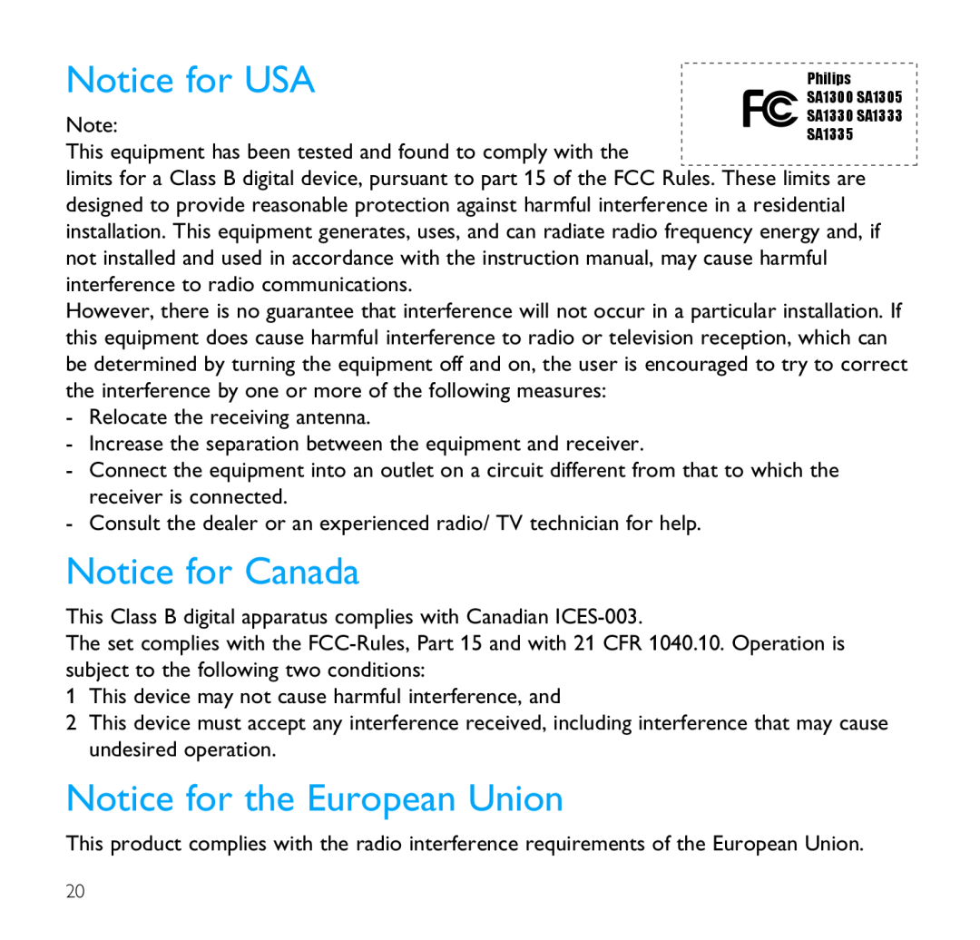 Philips SA1335, SA1330, SA1300, SA1333, SA1305 user manual Notice for USA, Notice for Canada, Notice for the European Union 