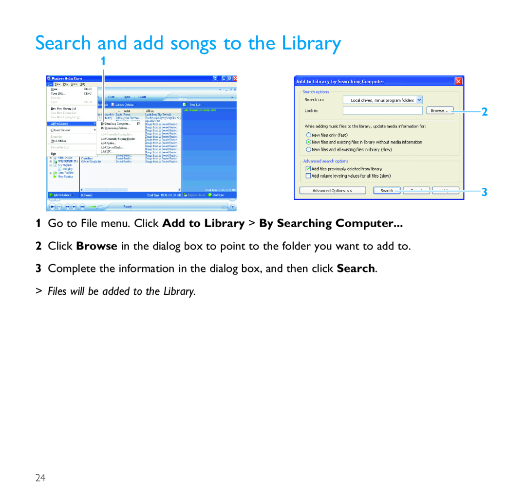 Philips SA1333, SA1330, SA1300, SA1335, SA1305 Search and add songs to the Library, Files will be added to the Library 