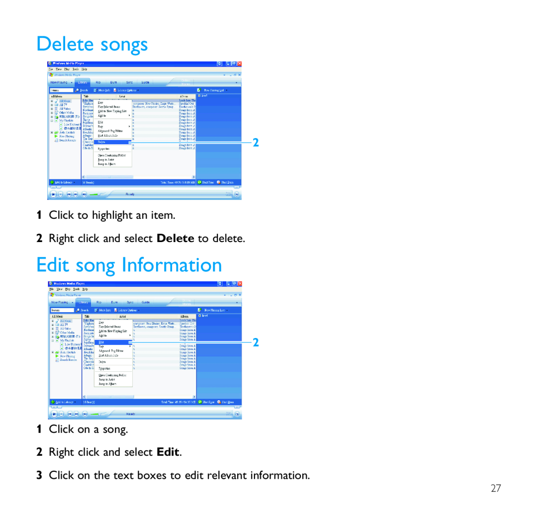 Philips SA1330 Delete songs, Edit song Information, 1Click to highlight an item, 2Right click and select Delete to delete 