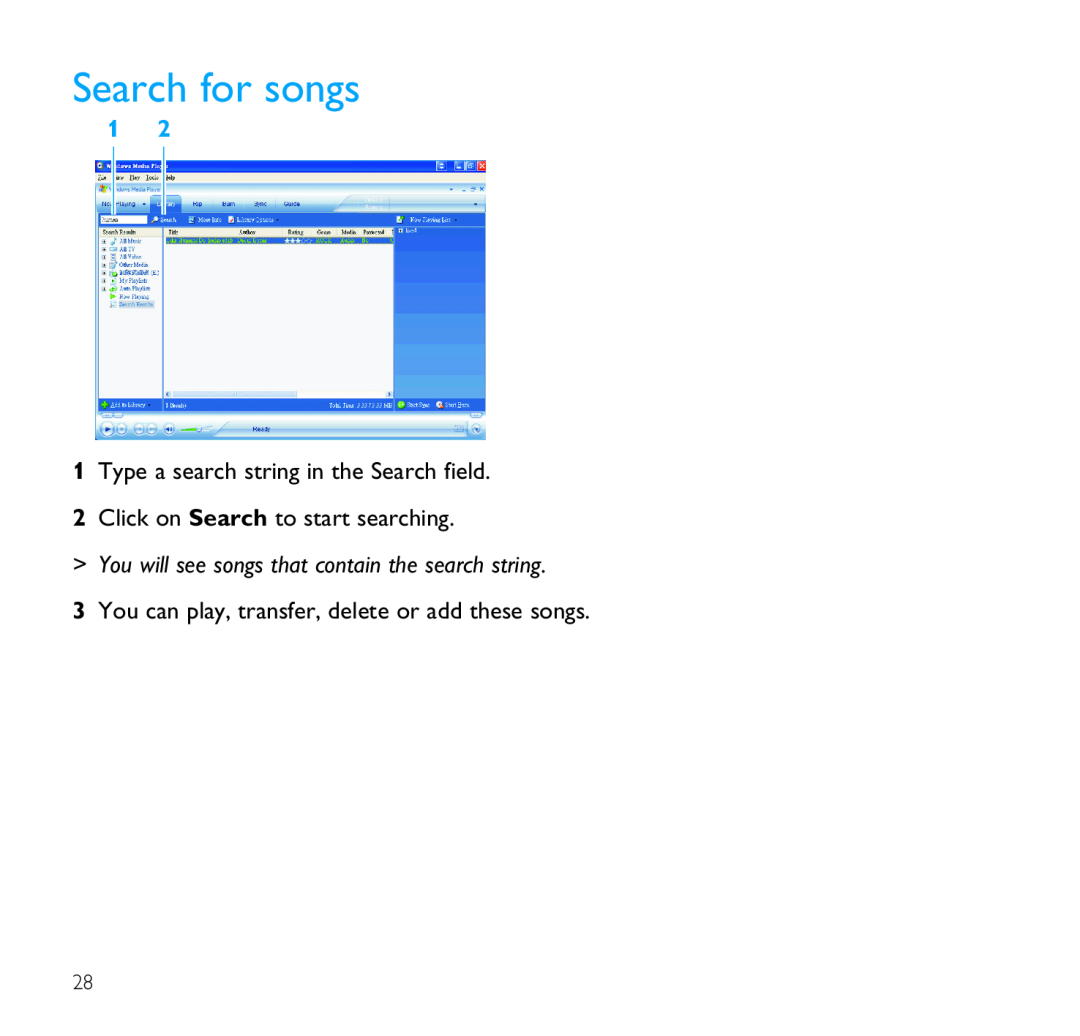 Philips SA1300, SA1330 Search for songs, 1Type a search string in the Search field, 2Click on Search to start searching 