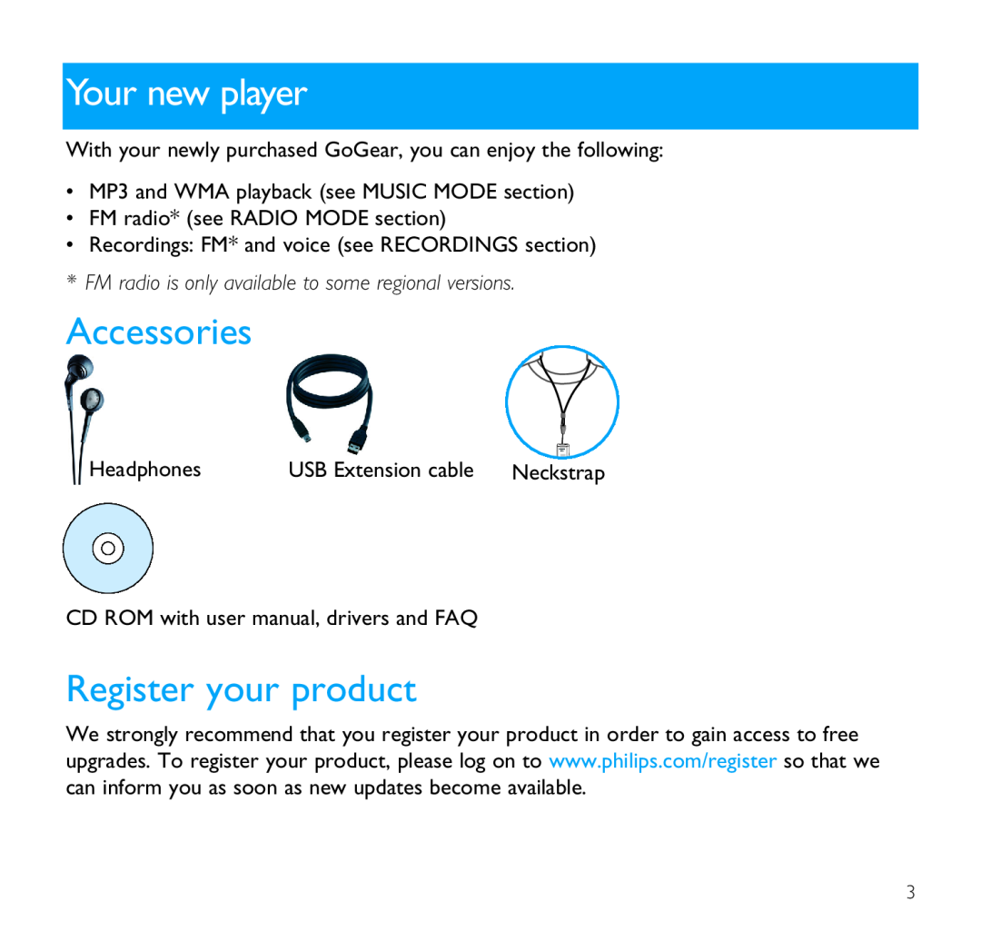 Philips SA1300, SA1330, SA1333, SA1335, SA1305 user manual Your new player, Accessories, Register your product 