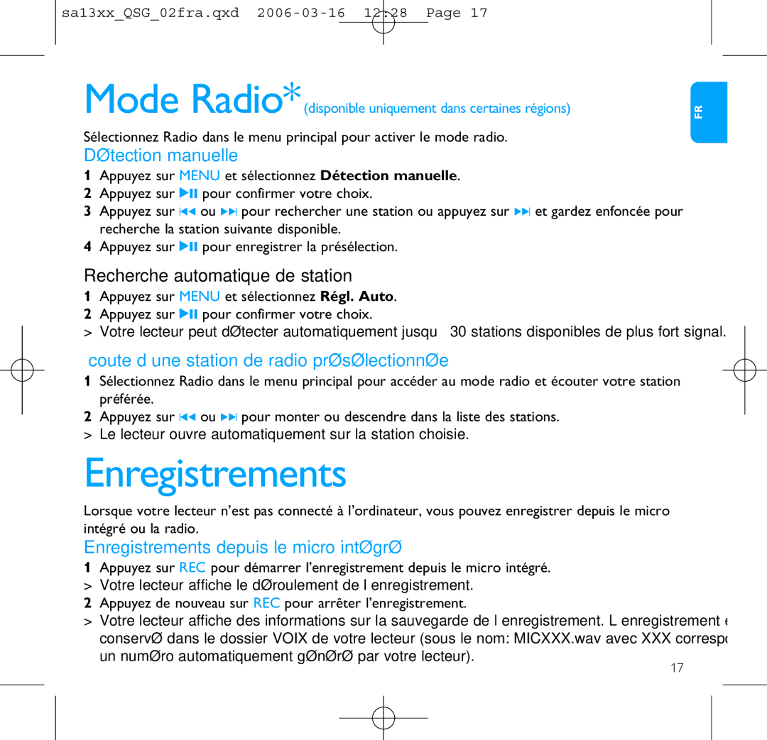 Philips SA1330, SA1300 manual Enregistrements, Détection manuelle, Écoute d’une station de radio présélectionnée 