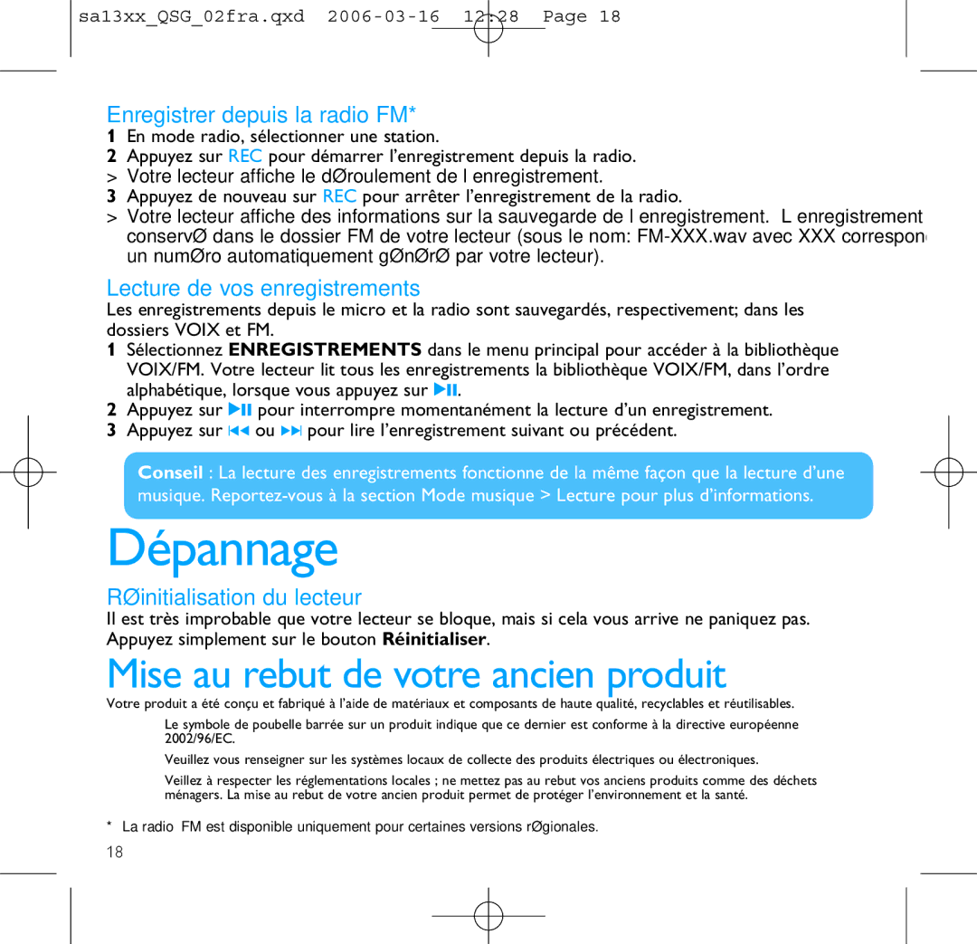 Philips SA1300 Dépannage, Enregistrer depuis la radio FM, Lecture de vos enregistrements, Réinitialisation du lecteur 