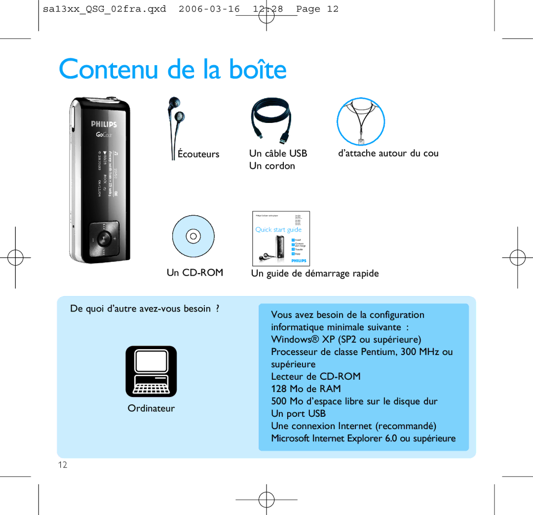 Philips SA1300, SA1330 manual Contenu de la boîte, Un cordon 