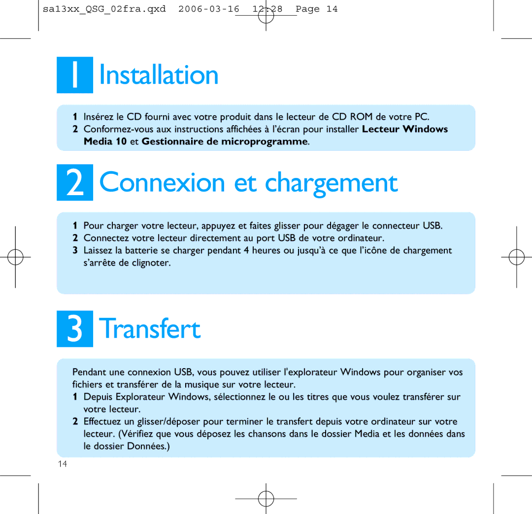 Philips SA1300, SA1330 manual Installation, Connexion et chargement, Transfert 