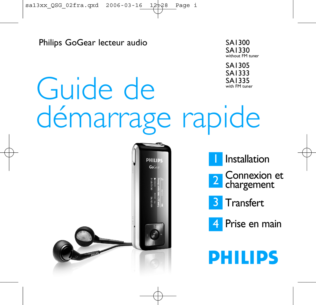 Philips SA1300 quick start Quick start guide, Install, Transfer 4 Enjoy, Connect and charge, Philips GoGear audio player 