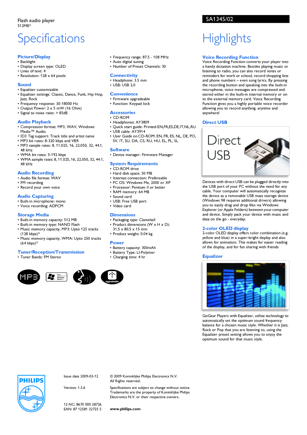 Philips SA1345 manual Specifications, Highlights 