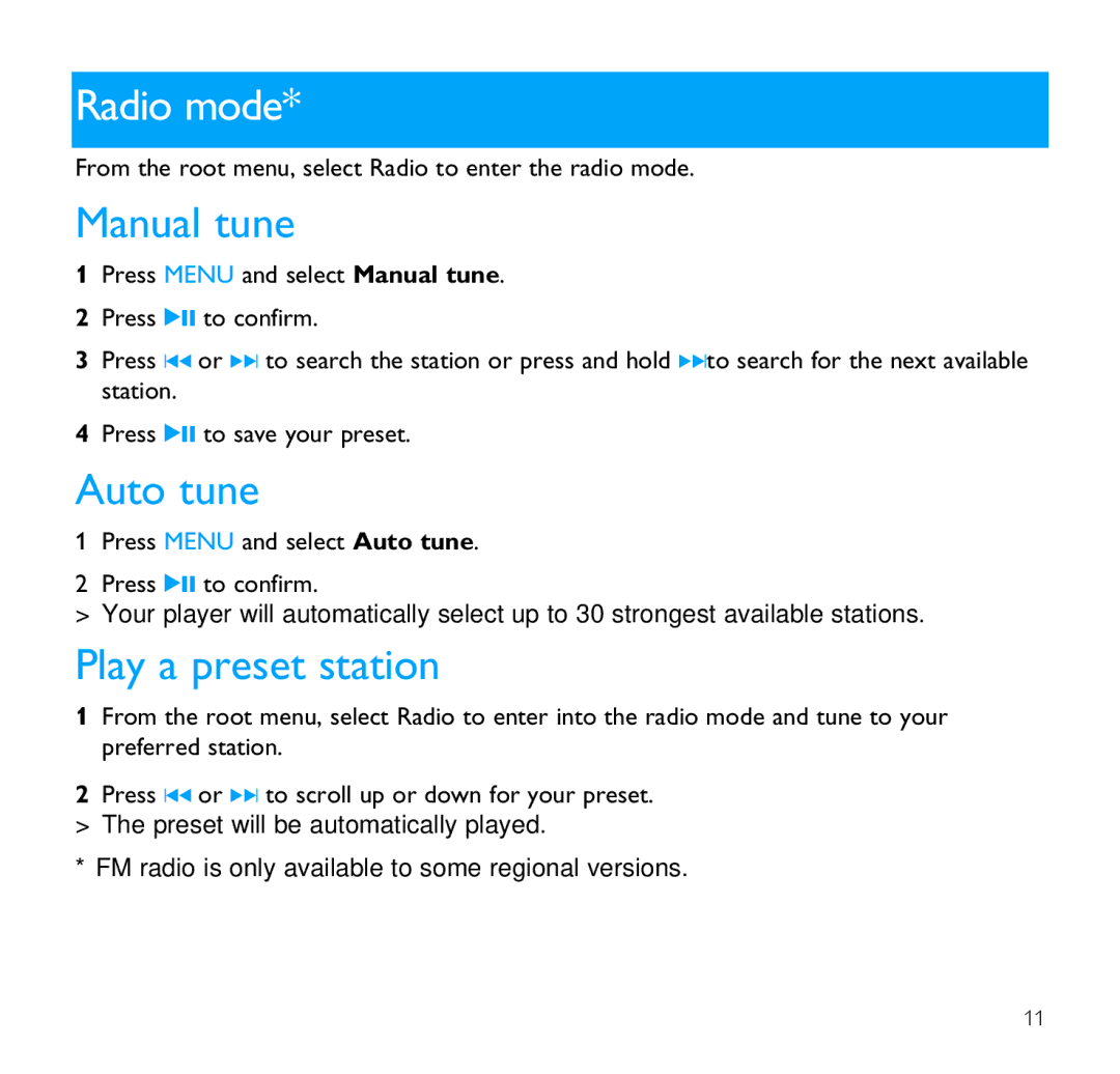 Philips SA1350 user manual Radio mode, Manual tune, Auto tune, Play a preset station 