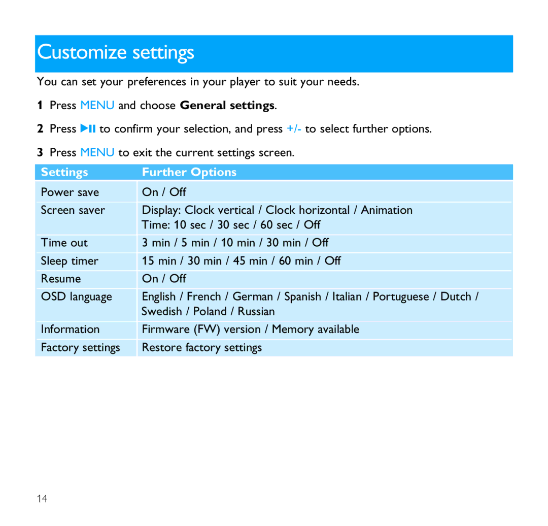 Philips SA1350 user manual Customize settings, Settings Further Options 